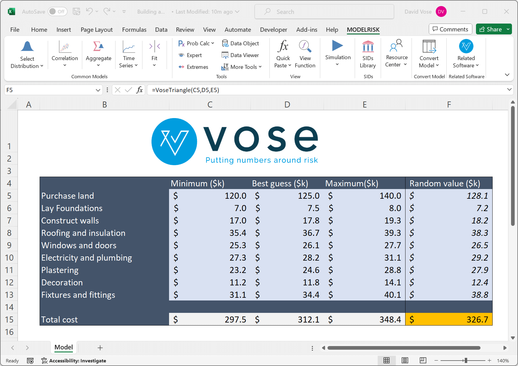 Spreadsheet model with uncertainty added using ModelRisk